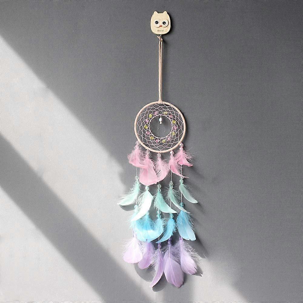 Handmade Bohemian Dream Catcher with Feathers and Cat Topper, Boho Wall Hanging for Bedroom Decor
