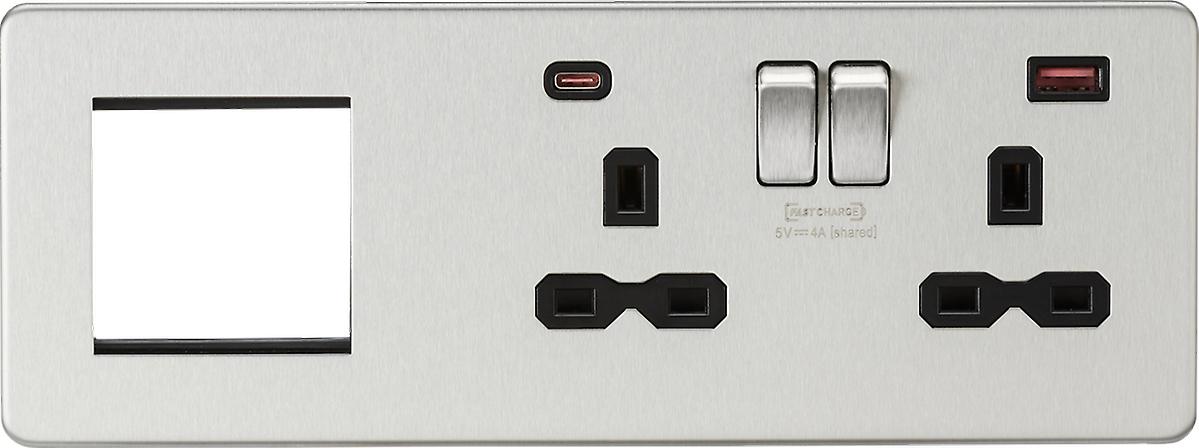 Screwless 13A 2G DP Socket with USB Fastcharge + 2G Modular Combination Plate - Brushed Chrome 230V IP20