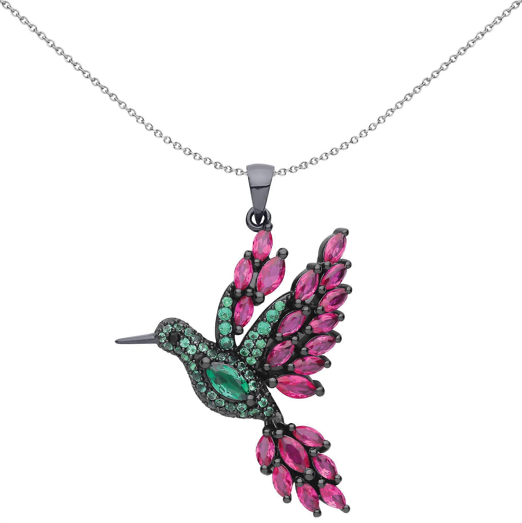 Jewelco London Black Sterling Silver Emerald-Green Ruby-Red Marquise CZ Majestic Hummingbird Charm Necklace 18 inch