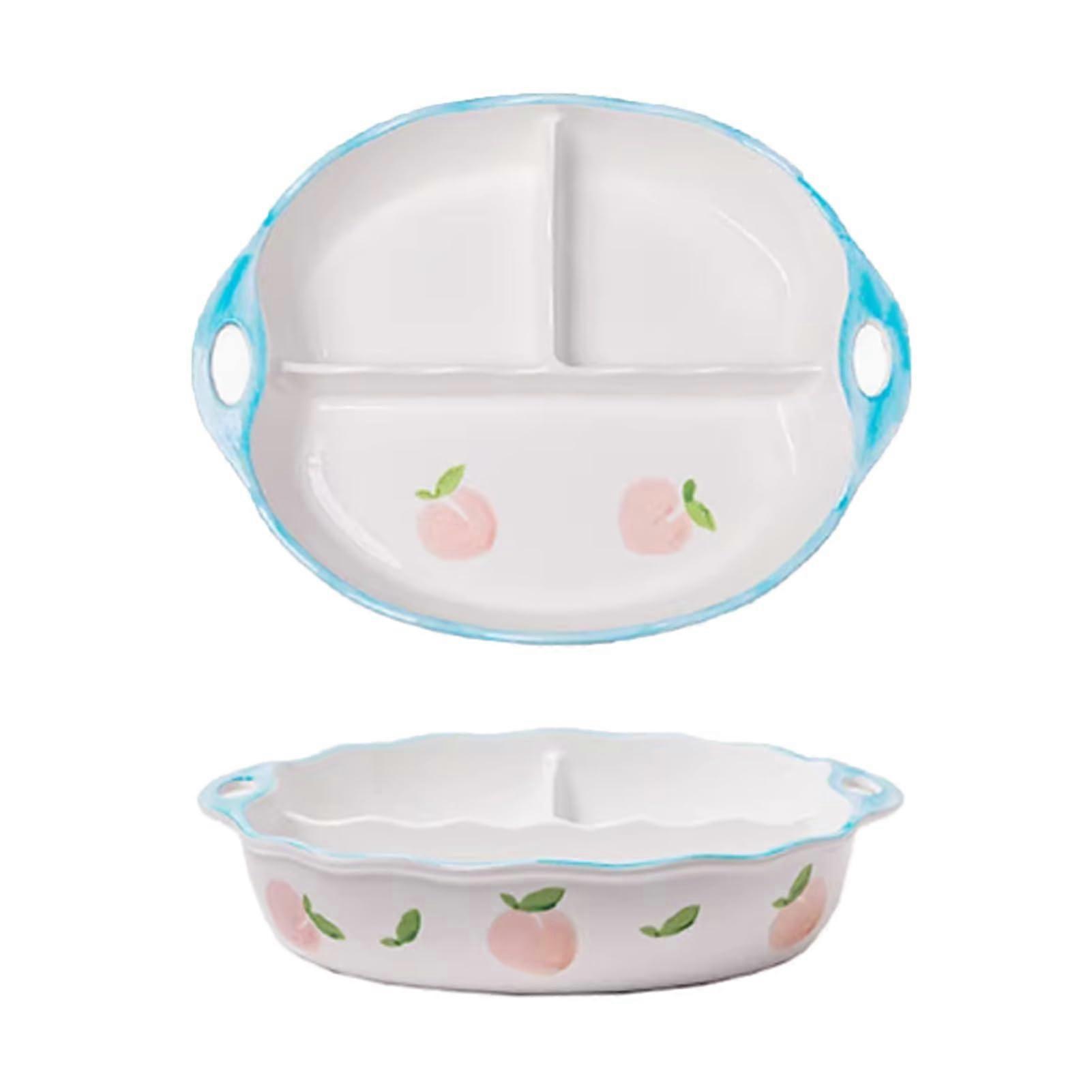 Ceramic Divided Dinner Plate with Handles, ThreeSection Portion Control, HandPainted Peach Design