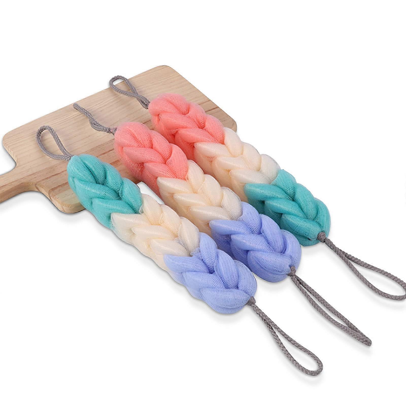 Bath Loofah Shower Scrubber 3 Pack, Stretchable Long Handle for Back, Exfoliating Mesh Sponge with Hanging Rope