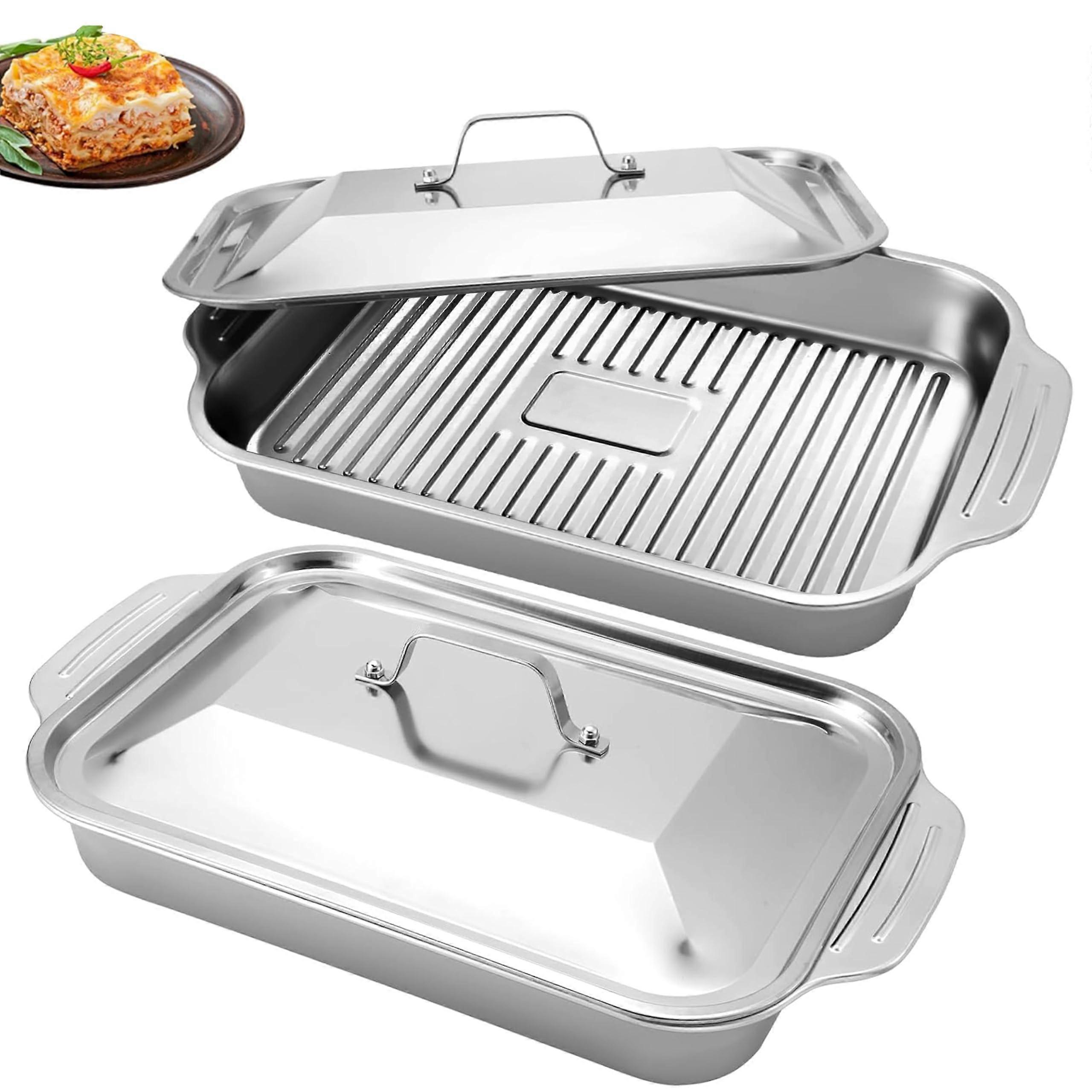 Extra Large Stainless Steel Lasagna Pan with Lid Set of 2 Deep Rectangular Baking Pans for Roasting