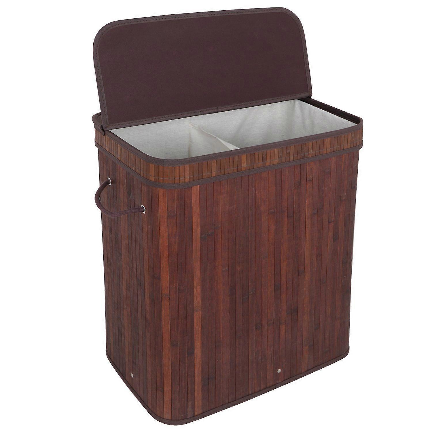 Brown Bamboo Double Laundry Hamper with Lid, Dual Section, Removable Liner and Handles