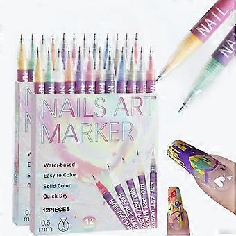 12 Colors Nail Art Pens Set with Precision 0.5mm Tip, Quick Drying Ink and Easy Grip for DIY Manicure