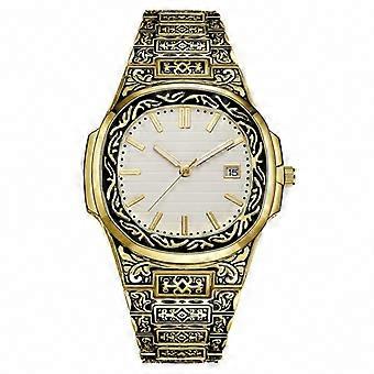 Orologio da polso vintage da uomo al quarzo con intaglio a motivo floreale.