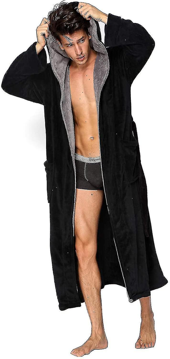 Blacklargekemusi Hooded Herringbone Men's Spa Full Lenght Bathrobe