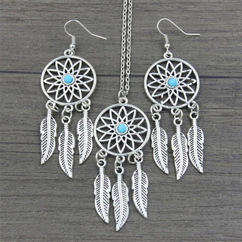 Bohem Dreamcatcher Yaprakları Tüy Kolye Kolye Küpe Takı Seti