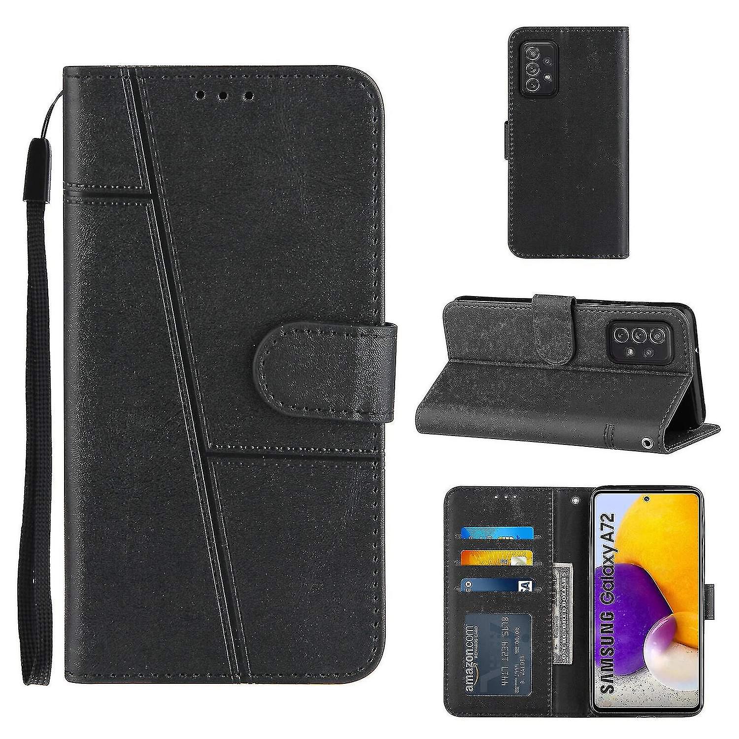 متوافق مع سامسونج جالاكسي A72 5G غطاء جلدي فوليو مغناطيسي بريميوم Etui Coque - أسود