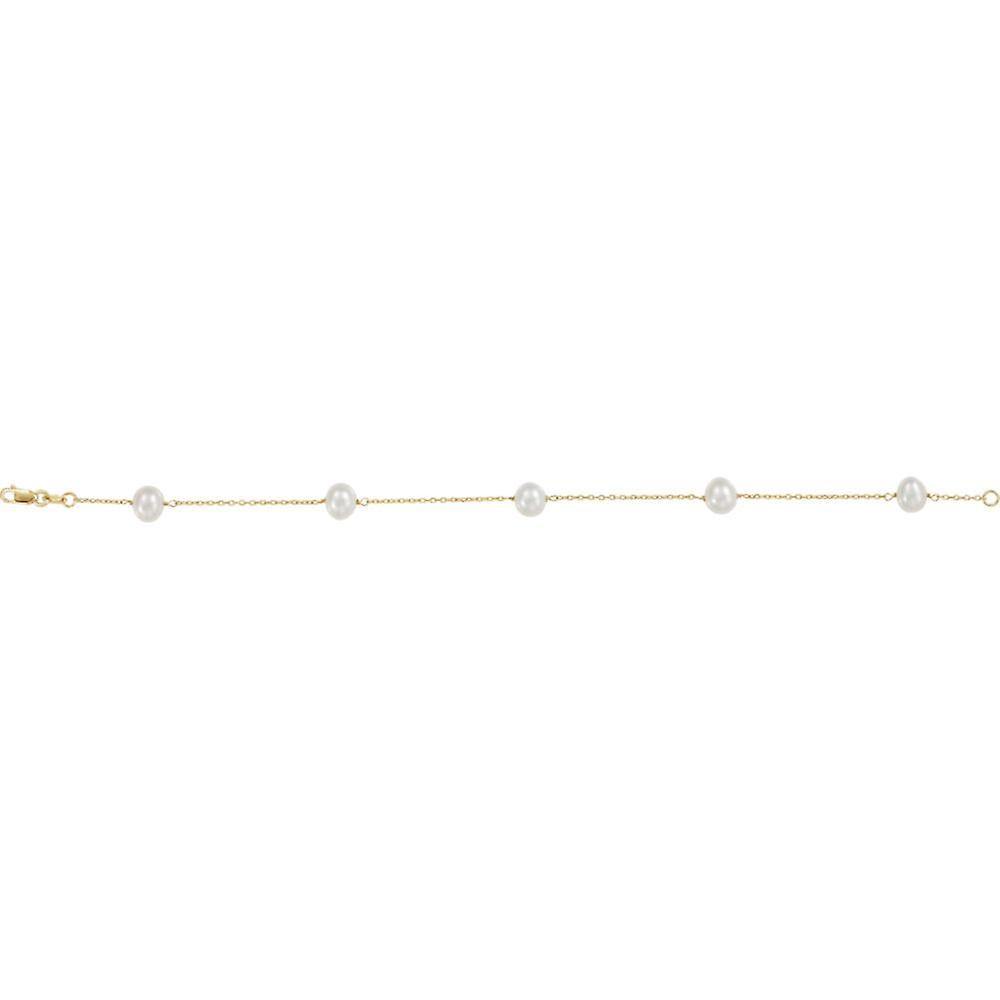 Pulseira de ouro amarelo 14k com pérolas brancas de 18 cm (7 polegadas) para mulheres.