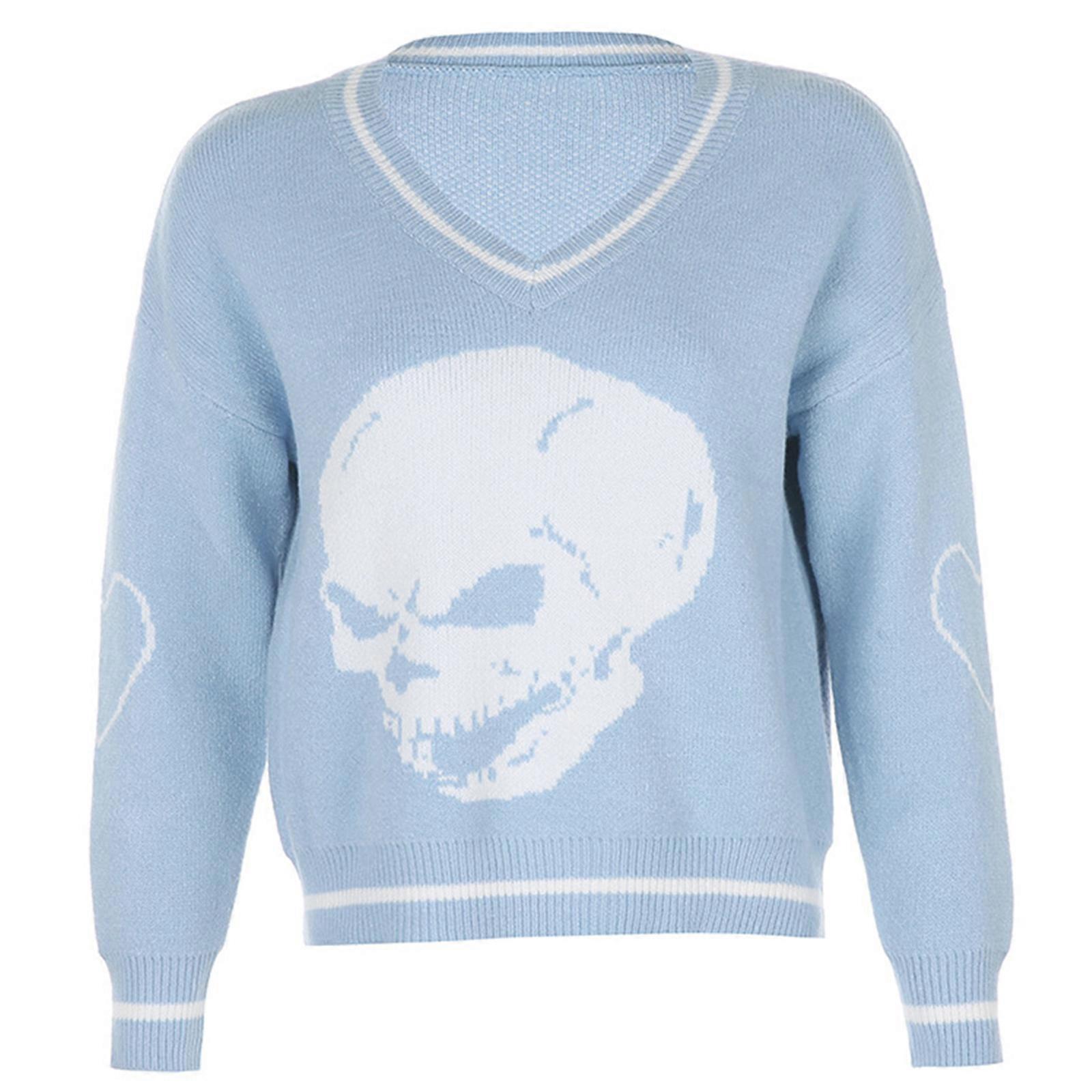 Women Autumn Long Sleeve V-Neck Sweater Striped Skull Pattern Blue