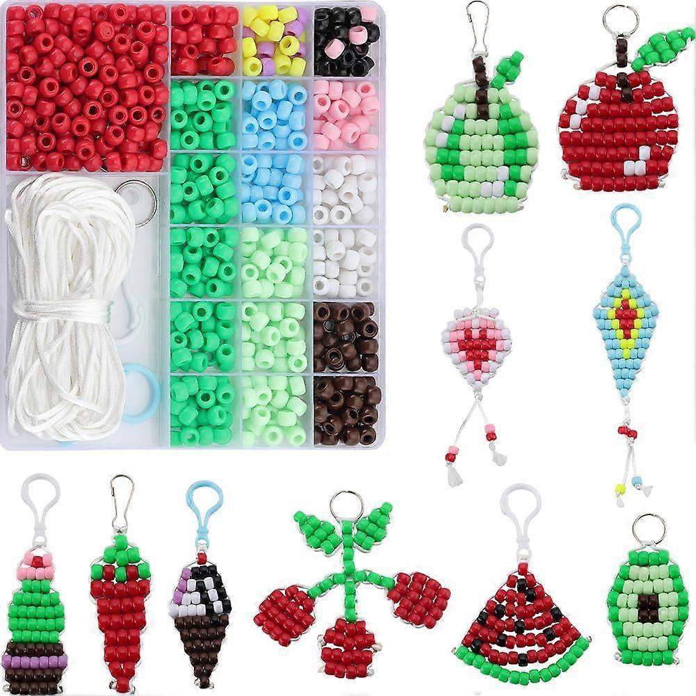 1Box DIY 10Sets Pony Beads Keychain Making Kit 8mm Bead Craft Kits Fruit Themed Red Apple Cherry Watermelon Beading Keychains Chilli Ice Cream Beaded