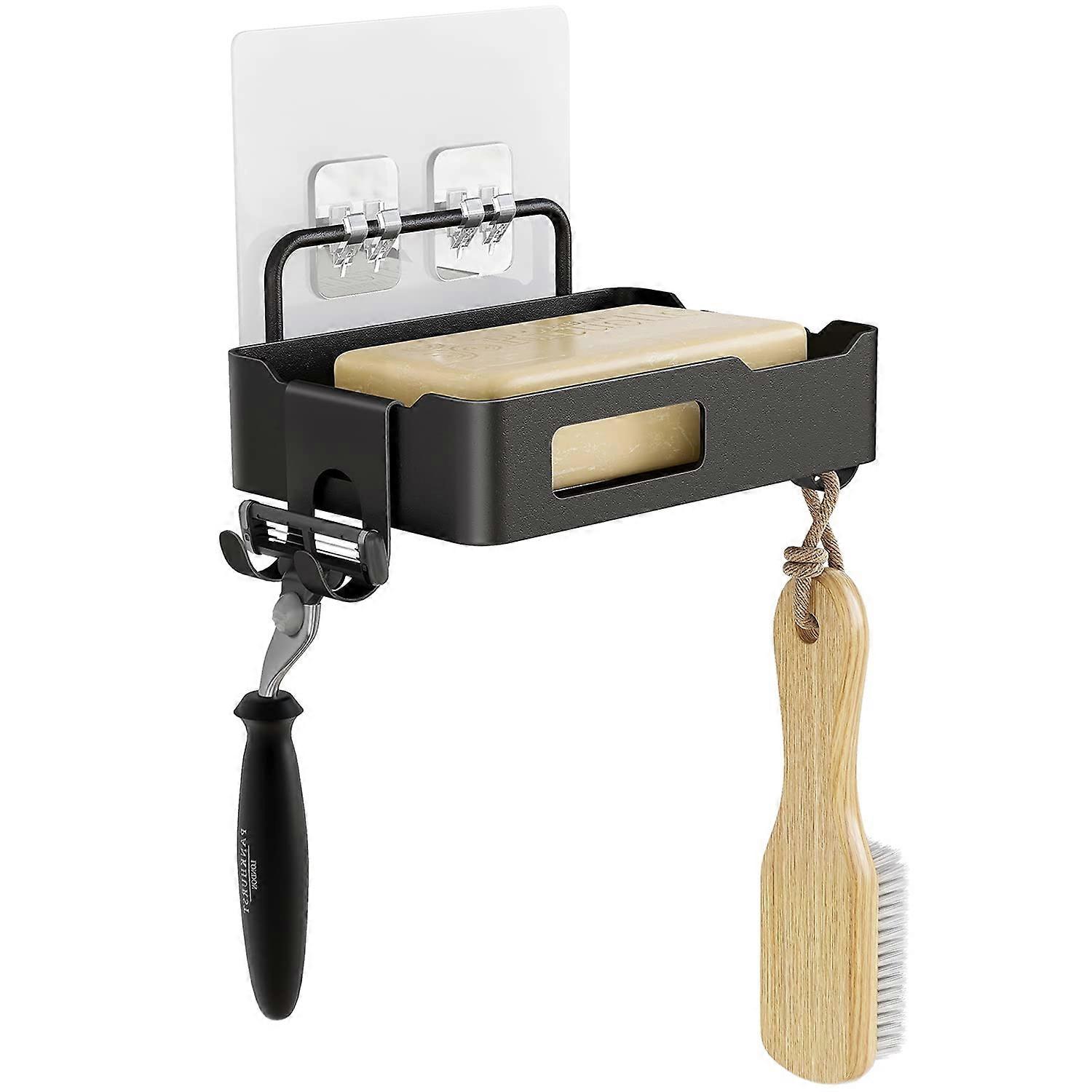 LINJOU Wall Mounted Soap Holder, Rustproof Stainless Steel Bar Soap Holder with 2 Shower Hooks, Black