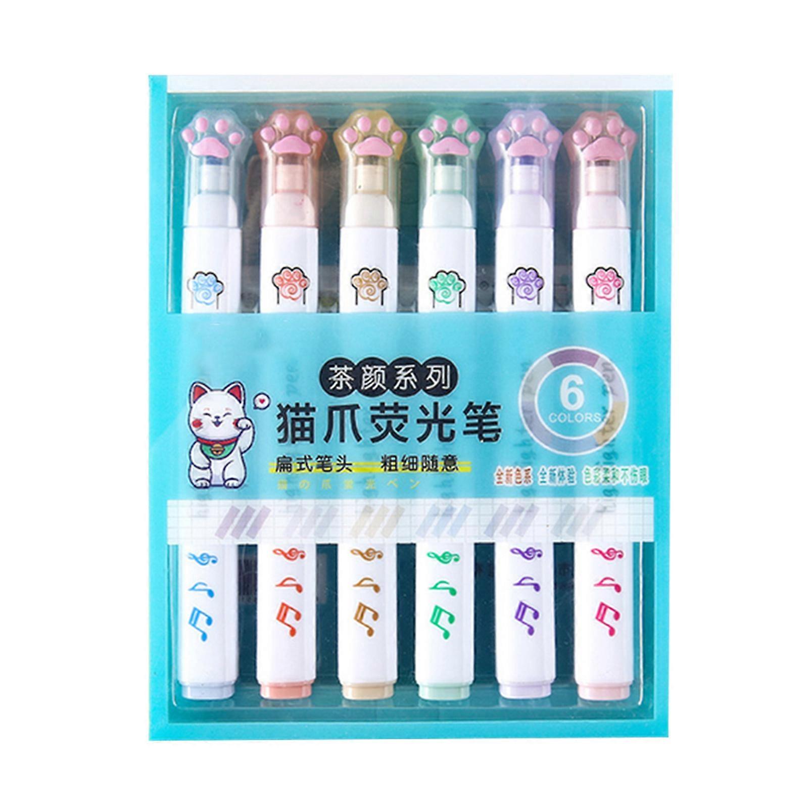 6 Piece Cat's Claw Cover Highlighter Set Portable Quick Dry Marker Pens for Boys Girls Kids