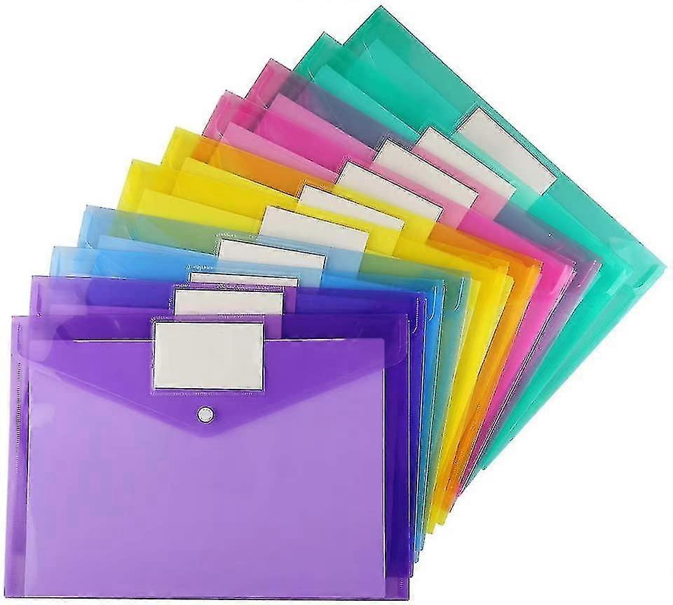 10pcs Plastic Clear A4 Document Folders With Label Pocket And Snap Button