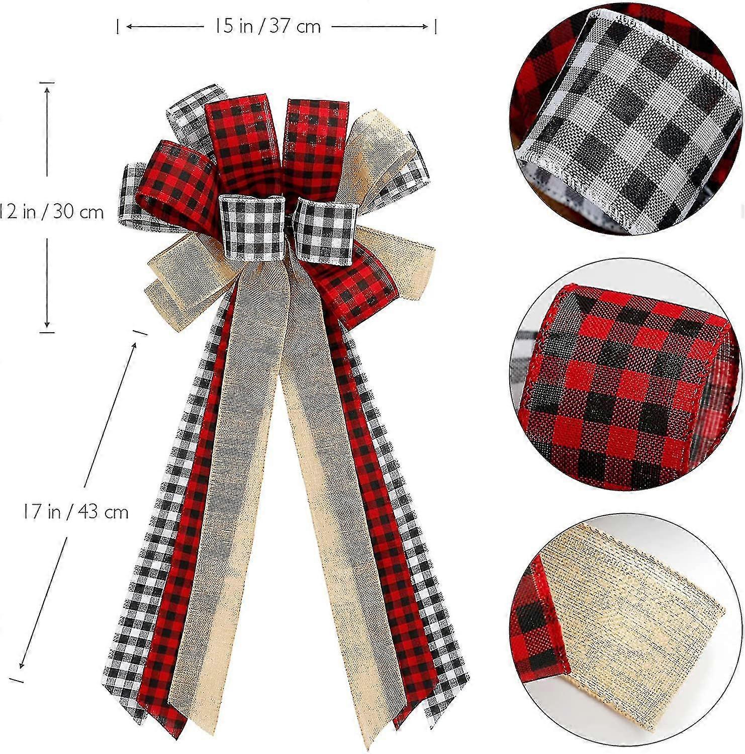 Christmas Tree Topper Xmas Bow Buffalo Plaid Red Black Burlap Christmas Decorations Party Room Decor Wreath Fireplace Hanging Ornaments (red 1)