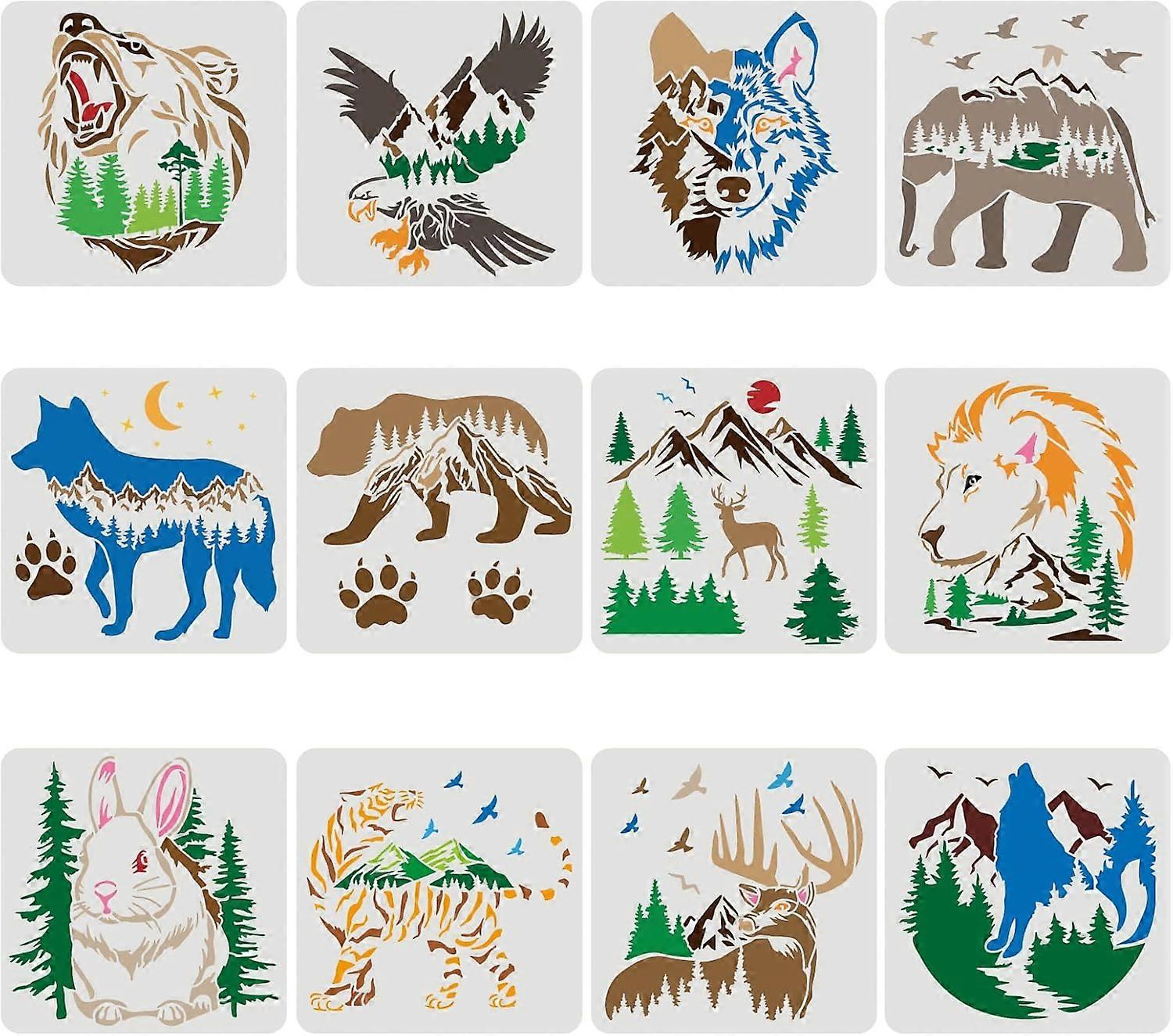 12PCS/Set Bear Deer Eagle Rabbit Wolf Stencils 11.8x11.8 Inch Tiger Elephant Claw Animal Stencils for Drawing Wildlife Stencils for Painting on Wood F