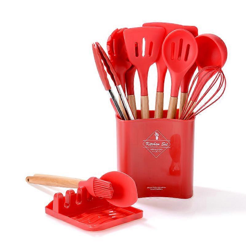 Silicone Cooking Utensils Set Non-Stick Spatula Shovel Wooden Handle Cooking 12Pcs Set With Storage Box