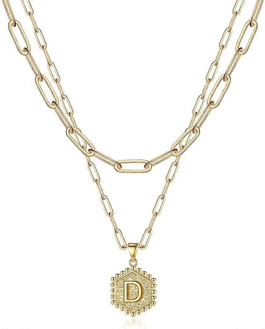 Délicat couches colliers initiales pour femmes, collier chaîne trombone plaqué or 14 carats Simple mignon hexagone lettre pendentif initiale collier ras de cou or L