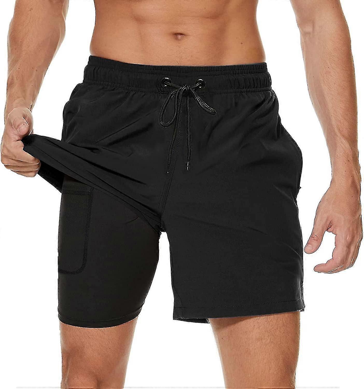 Maillot de bain pour homme avec doublure de compression 2 en 1 Short de bain pour homme à séchage rapide avec boxer Slip doublé Surf Short de plage extensible avec poches zippées Xi