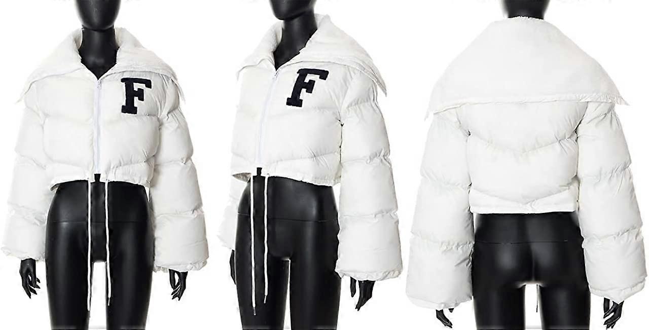 Women Puffer Jacket Cropped Zip Up Padding Warm Quilted Jackets with Oversize Long Sleeve
