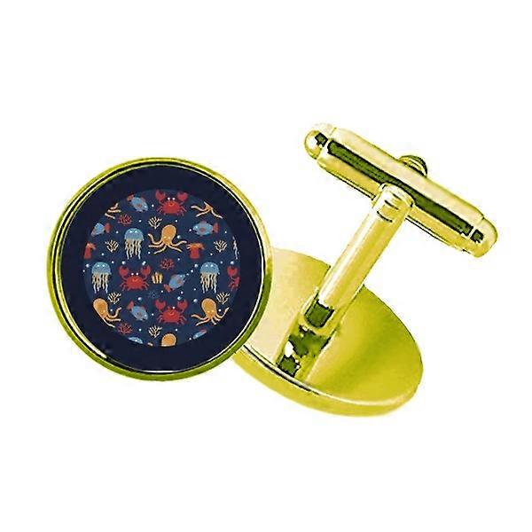 ディープシーイカゲクラゲカニスタッズビジネスメタルカフリンクスゴールデン