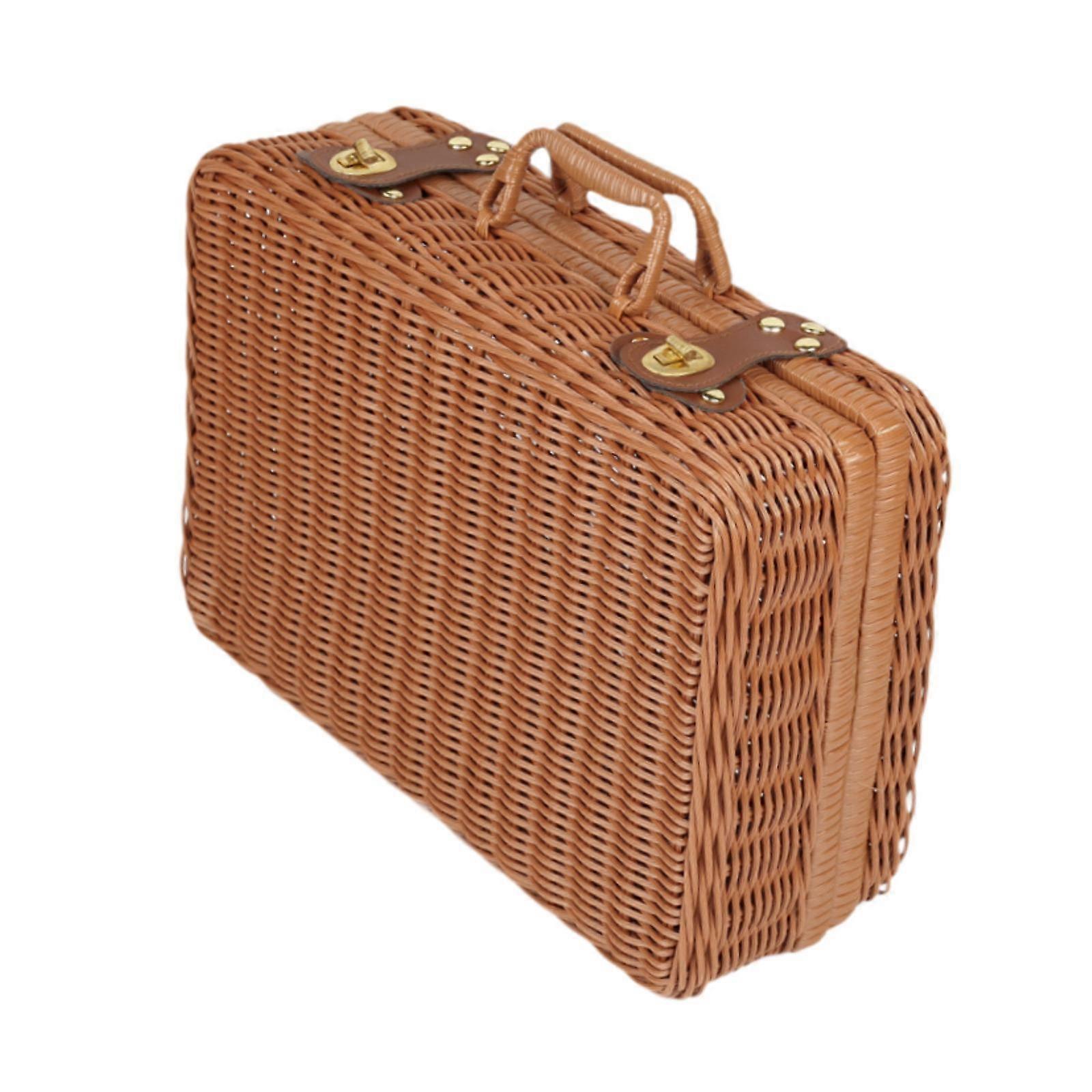 Imitation Rattan Storage Basket with Lid Suitcase for Household Travel Table S
