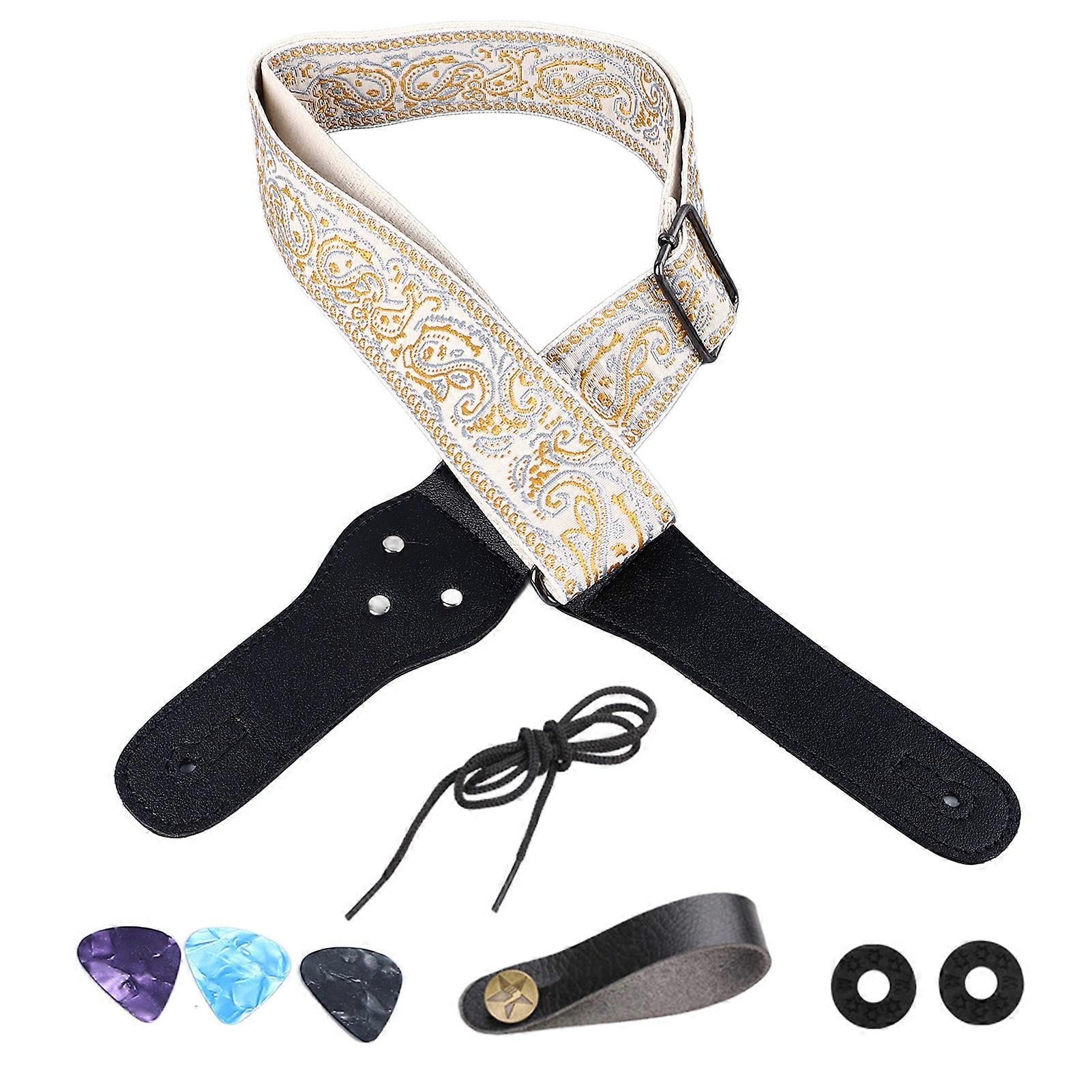 Guitar Strap Embroidery Adjustable Shoulder Strap with Picks Gold