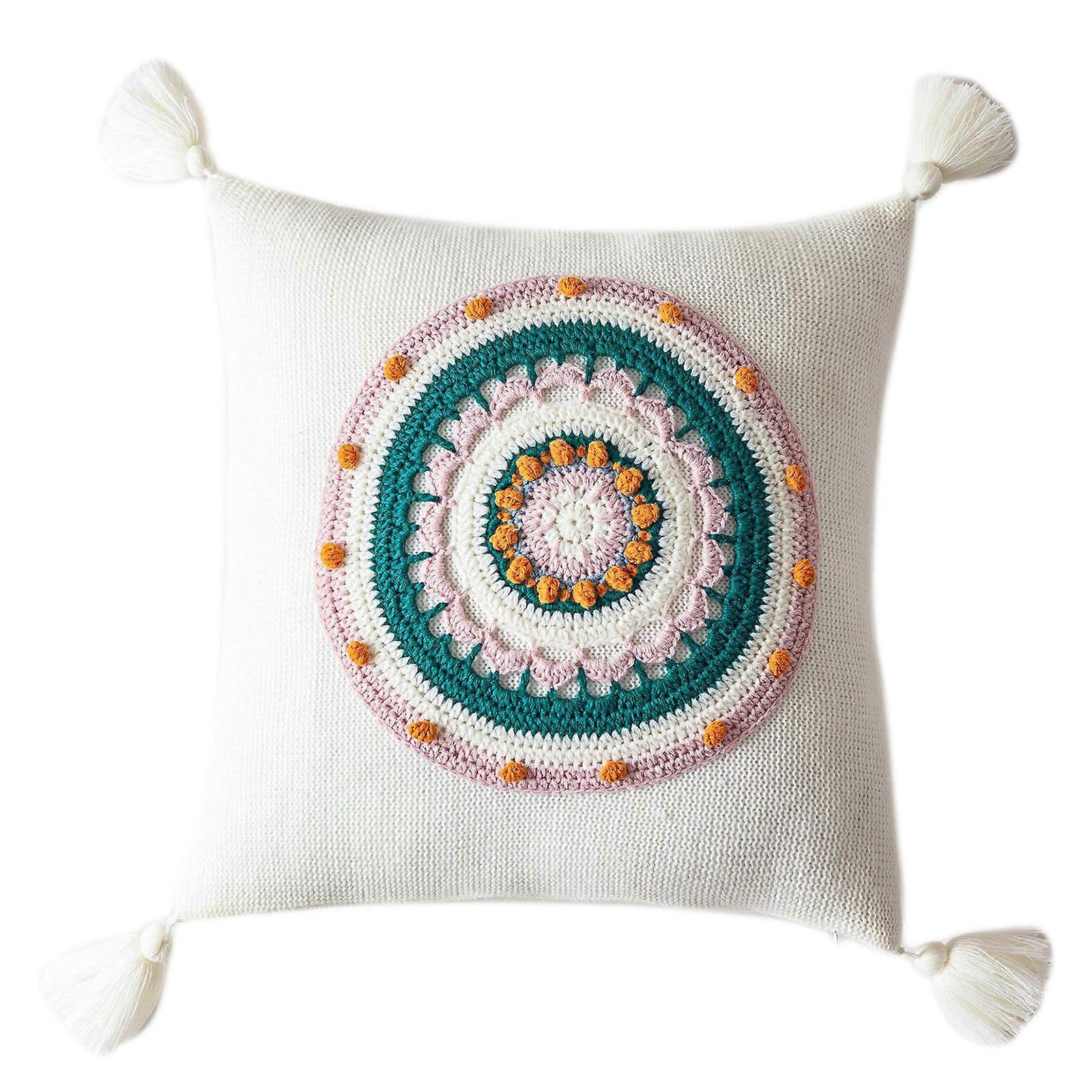 Boho Knitted Throw Pillow for Case with Tassels Colorful Round Floral Cushion Co Snow white