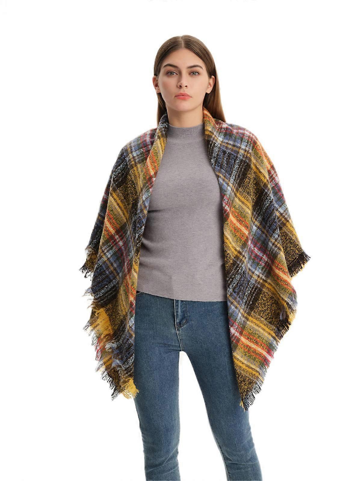 Womens Chunky Plaid Tartan Checked Soft Brushed Scarf Wrap Tassel TrimsYellow