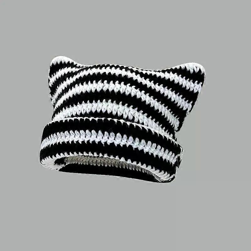 New Japanese Beanie Hat Ins Little Devil Striped Knitted Wool Cap Autumn And Winter Cute Cat Ears Pointed Pullover Women'S Hats