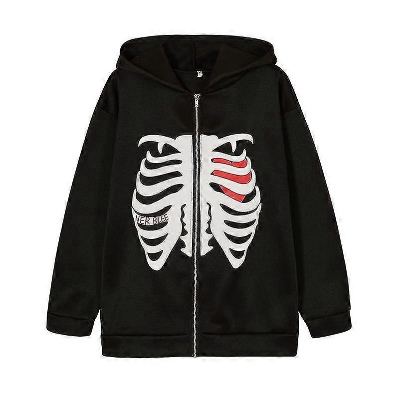 Harajuku Stile Coreano Loose Skeleton Zip Up Felpa con cappuccio Goth Grunge Giacca con cappuccio a maniche lunghe Retro Nero Felpa Oversize