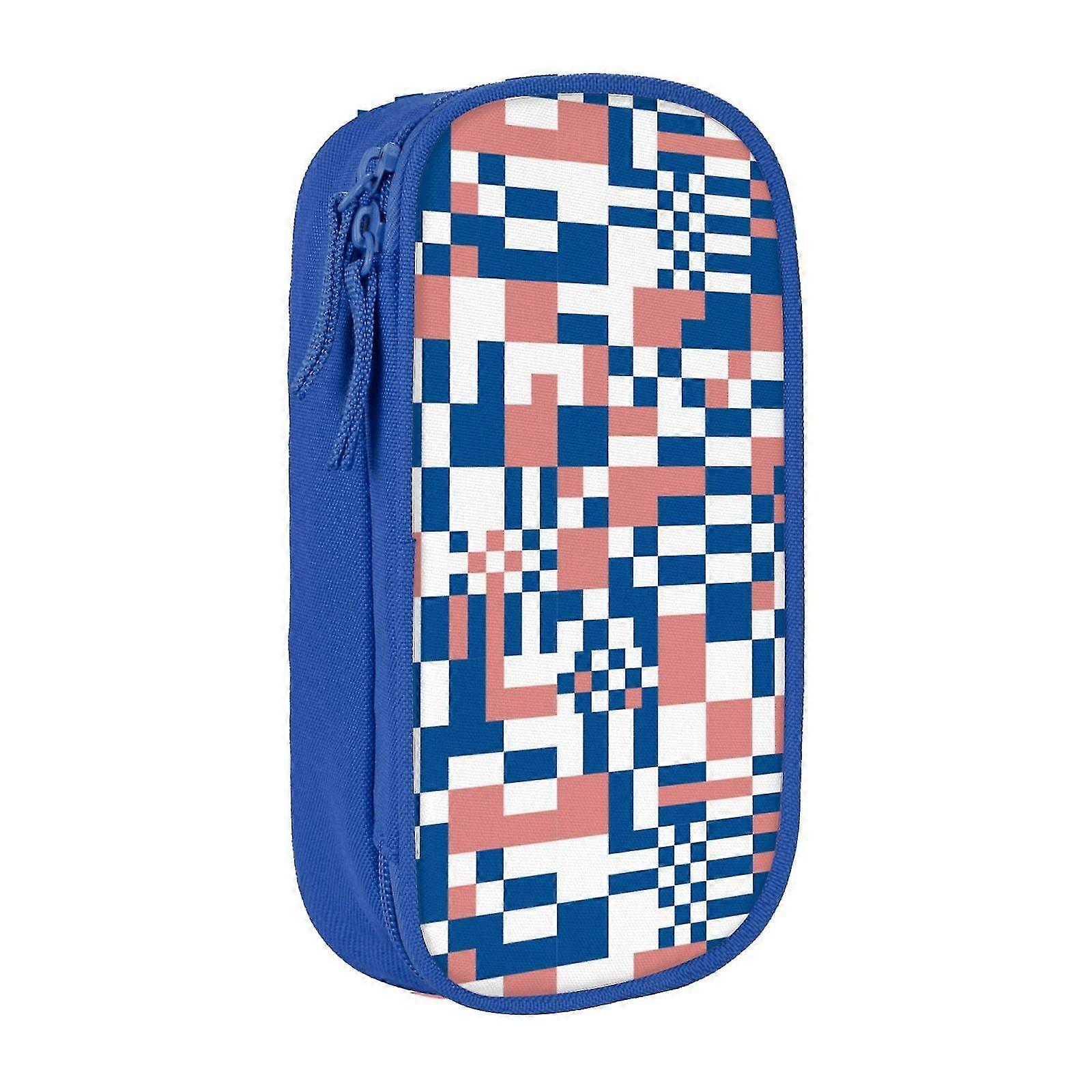 Large Storage Pencil Case, Flat Checkerboard Blue Block Pattern