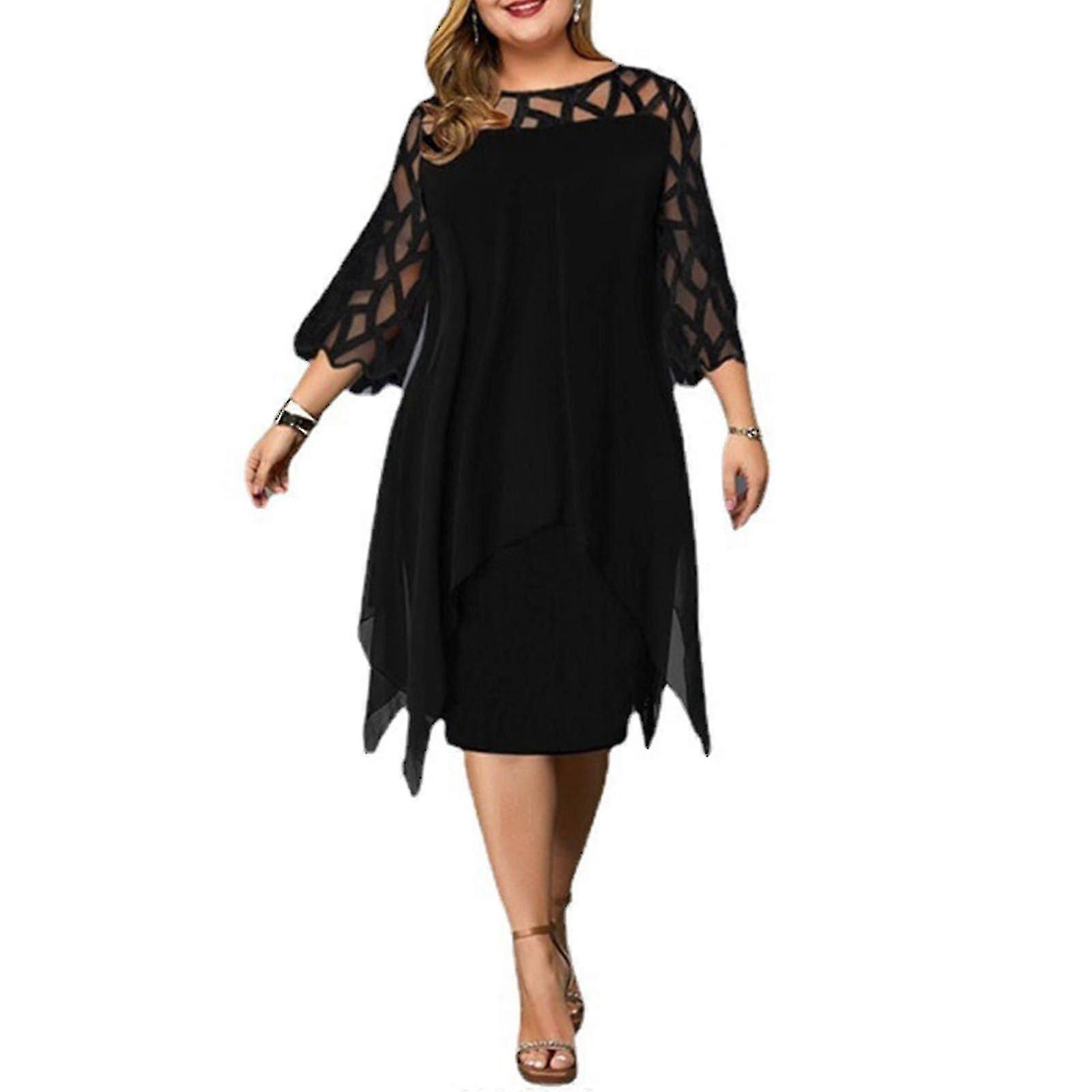 Plus Taille Femmes Midi Robe Hollow Out Robe de cocktail décontractée pour l’été automne
