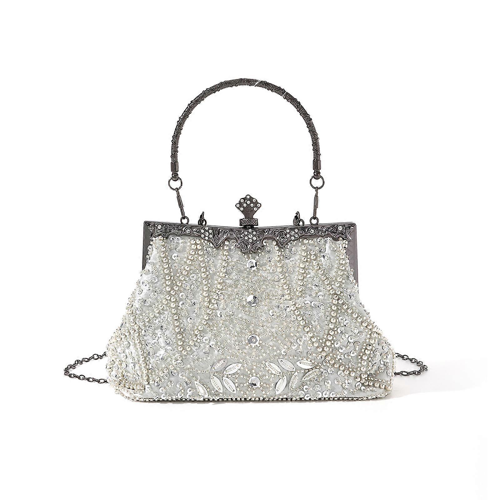 Party Handbag With Pearls And Beads Deetail Crossbody PurseFloral Top Handle Shoulder Bag For Elegant Evenings Silver