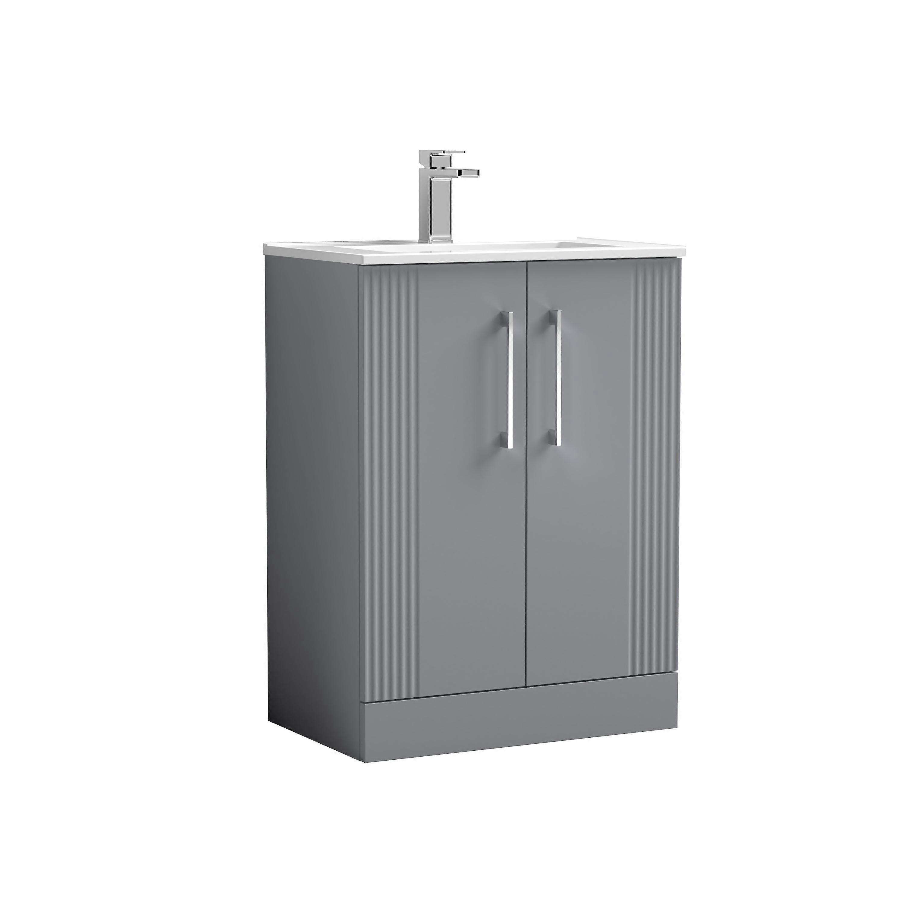 Partial Fluted 2 Door Floor Standing Vanity Unit with 1 Tap Hole Minimalist Basin - 600mm - Satin Grey Faucet