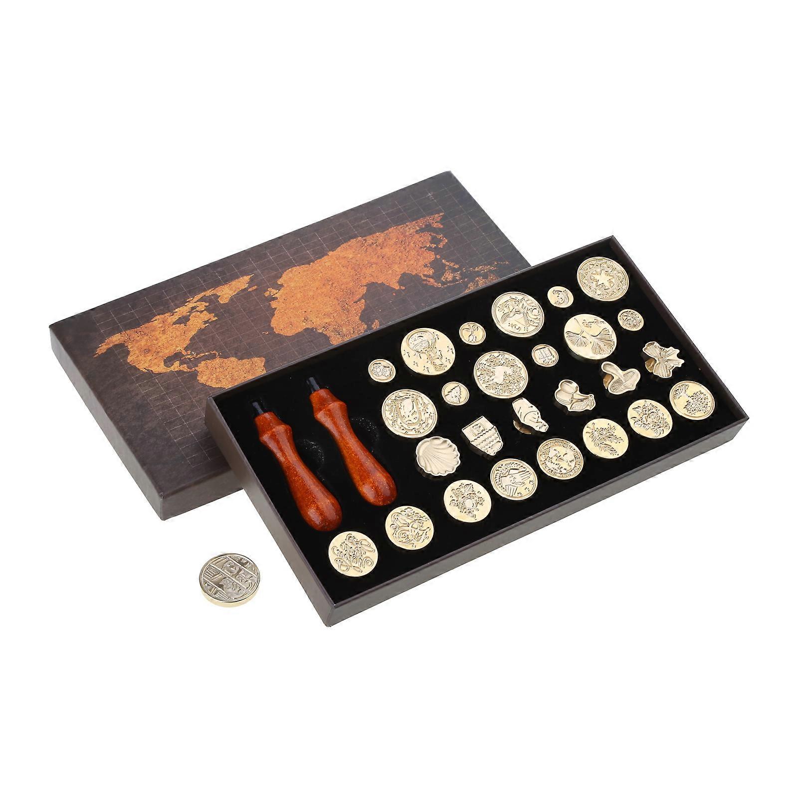 Initial en laiton cire sceau timbre kits 26 lettres timbre de scellement avec 2pcs poignées en bois pour invitation de fête de mariage
