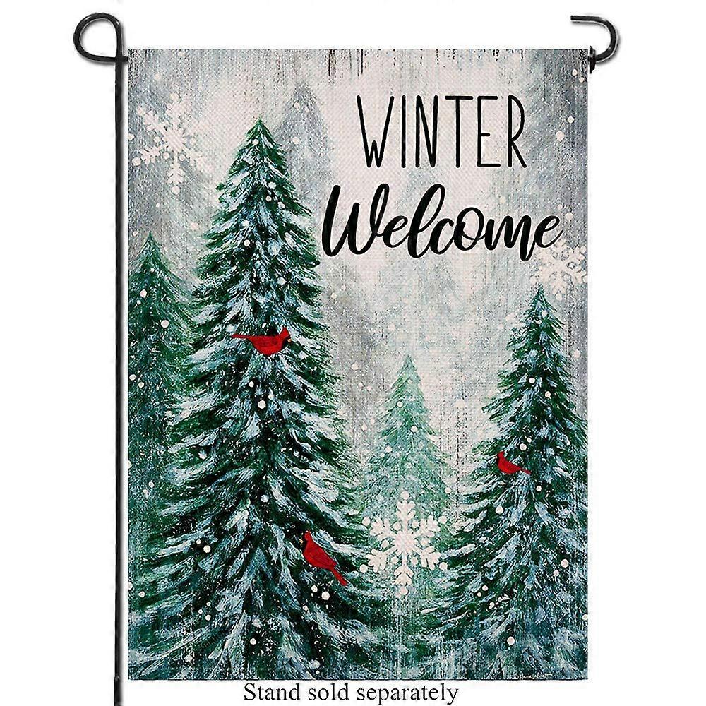 Winter Welcome Decorative Garden Flag: Double-Sided Burlap 12x18, Pine Trees Snowy Forest Red Cardinal Birdhouse