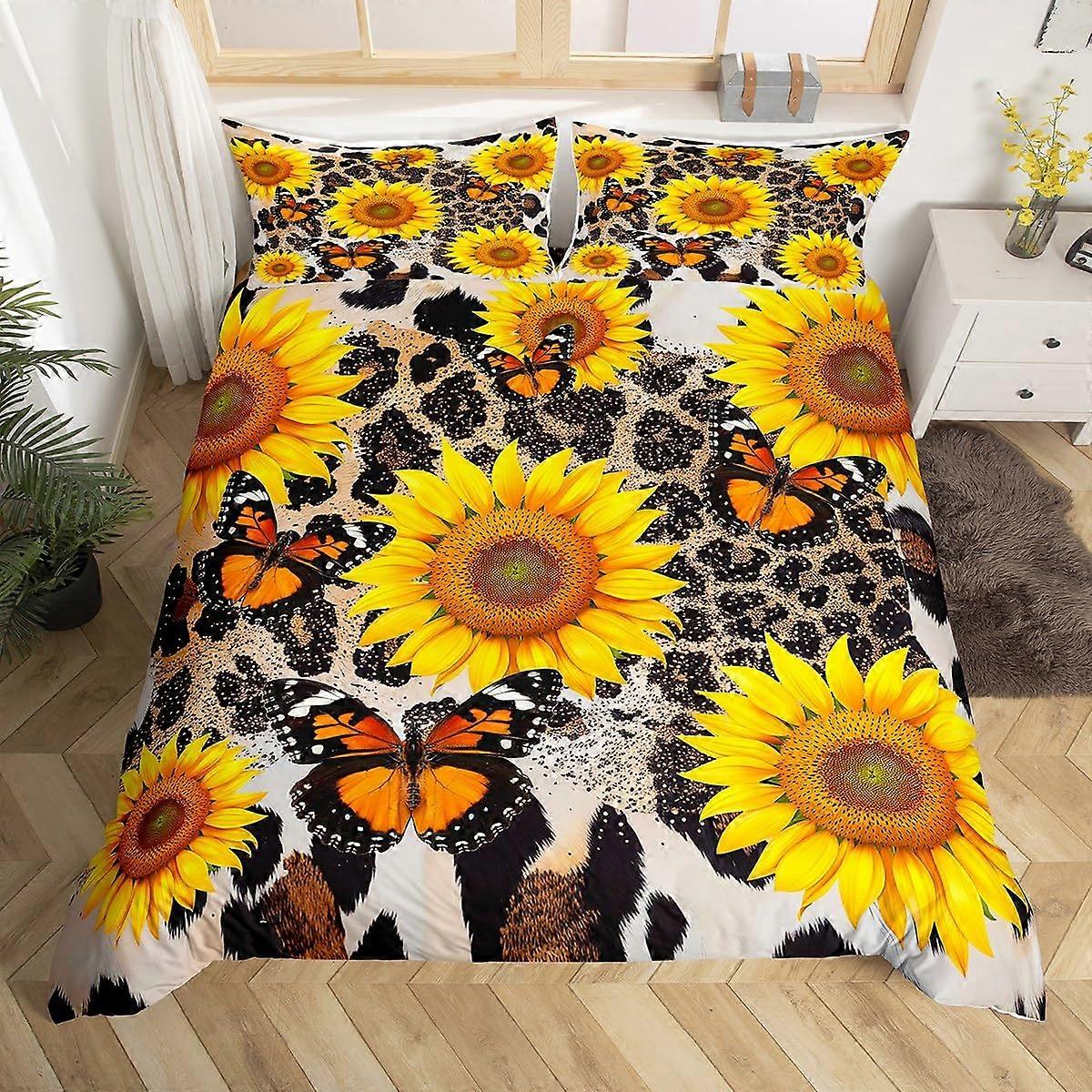 Sunflower Duvet Cover Set King Size,Leopard Print Glitter Sequ Bedding Set for