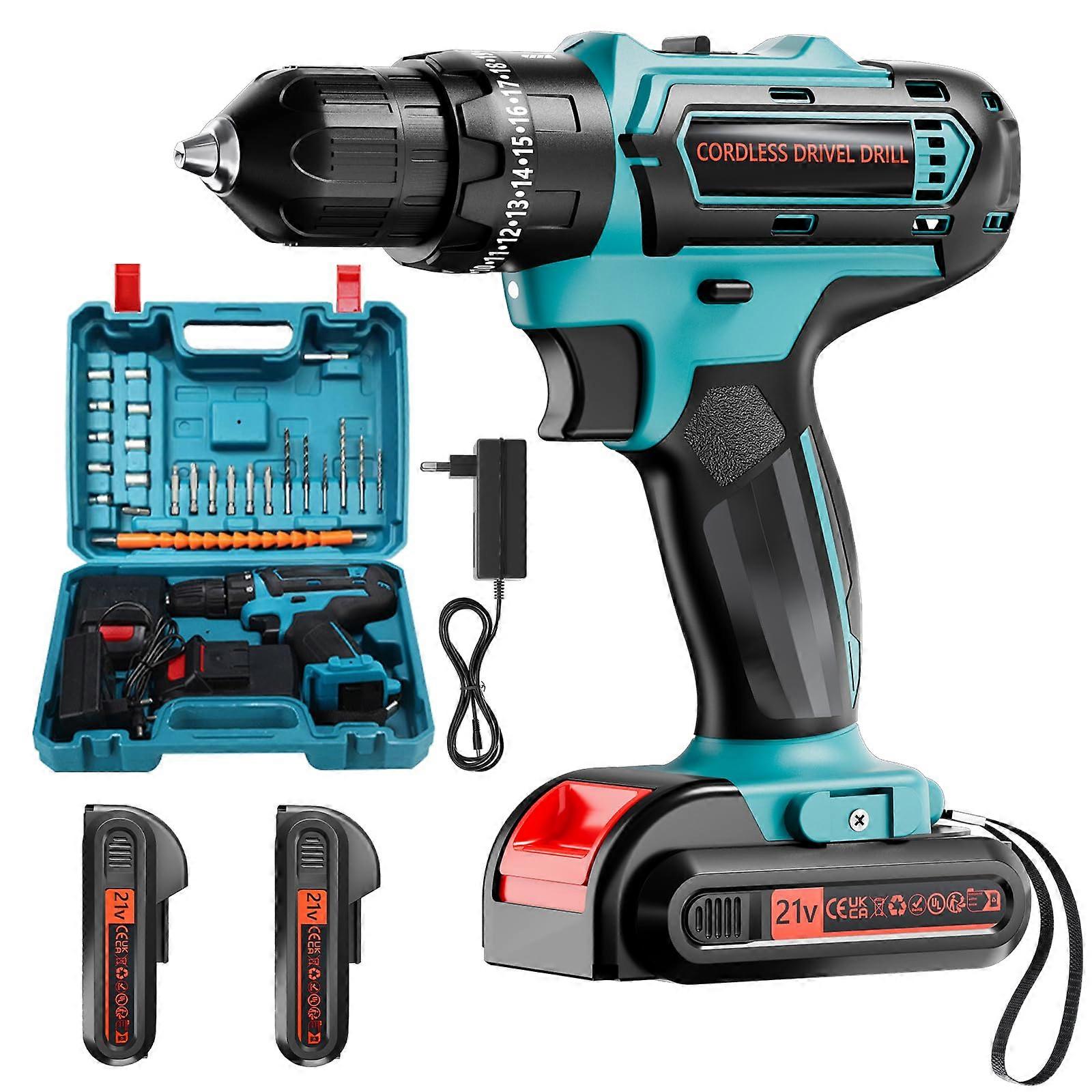 21V Cordless Drill Set with 2 Batteries and Charger, 3/8 Inch Keyless Chuck, 25+3 Clutch, 45Nm Torque, 2-Speed Work Light