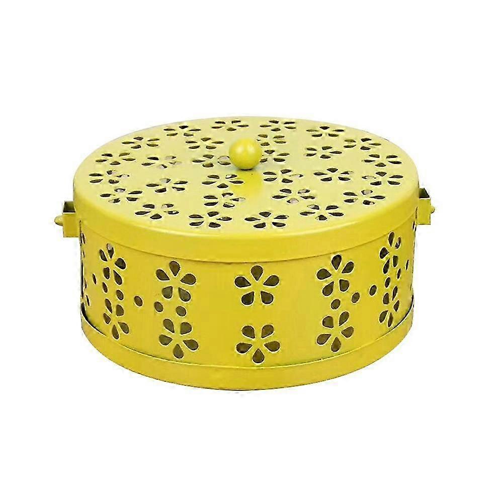 Retro Fireproof Mosquito Coil Box with Handle Metal Hollow Out Mosquito Coil Holder Incense Burner Case (Yellow)