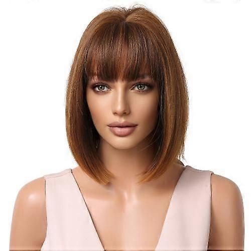 Brown 11 Inch Short Bob Straight Hair Wigs with Bangs Synthetic Hair Wigs For Black Women Daily Party Use