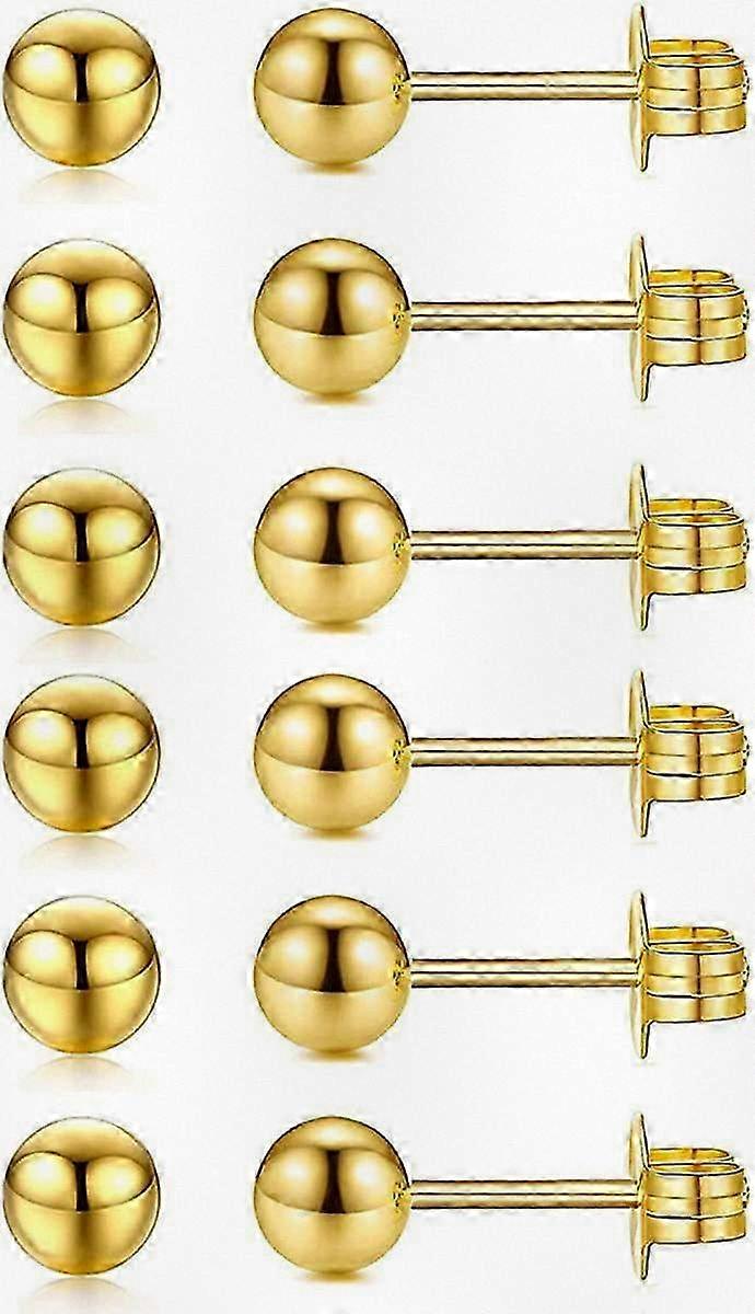 Set of 6 Pairs of Polished Ball Stud Earrings in 14K Gold Fill, 20G Tiny Cartilage Piercing Earrings, Safe for Sensitive Ears, 4MM Size