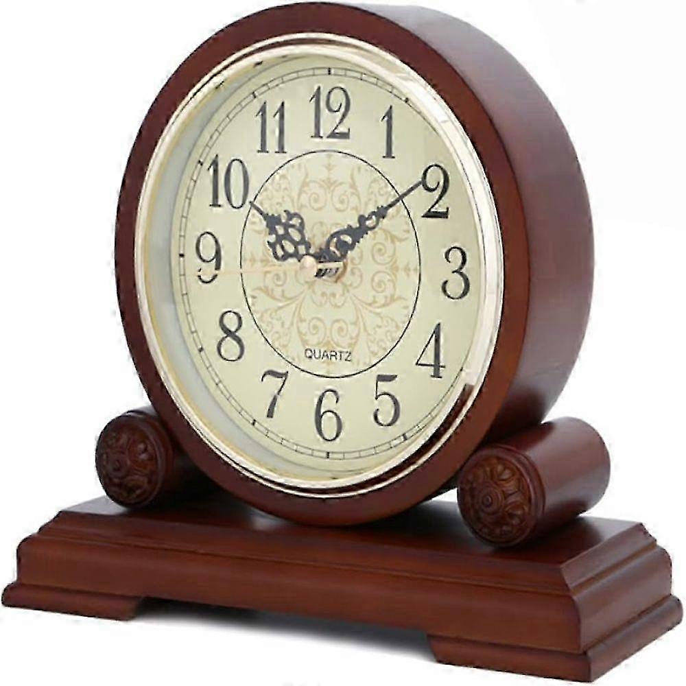 Wood Desk Clock, Mantel Clock with Bronze Surface and Numbers, Silent Quartz Clock, Mantel Clock 23cm Long BrownSilver SZRH