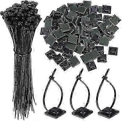 100 nippusidettä + 100 liimapohjaa, nippusiteet pidikkeillä, johdon järjestäjäsarja, kaapelinhallintasarja