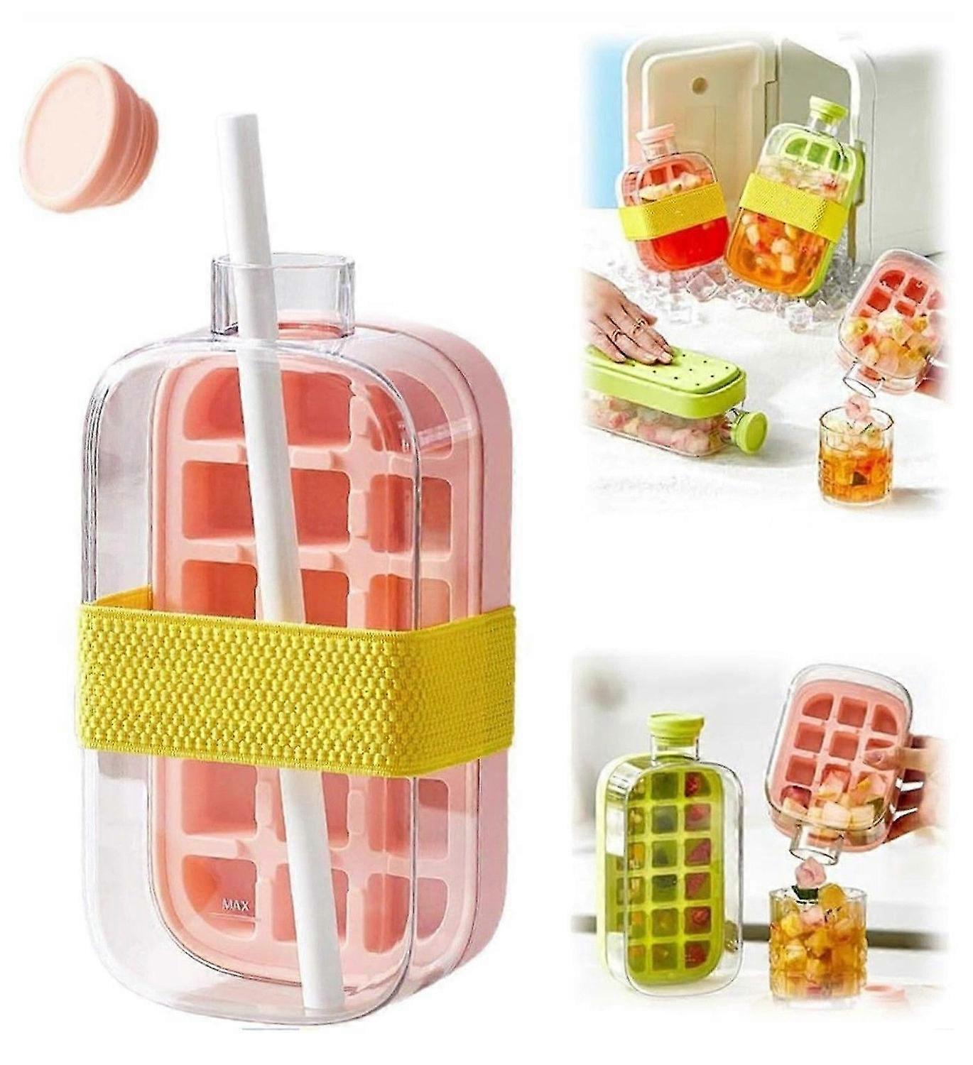 Ice Cube Bottle, 2 in 1 Touch-Free Ice Cube Tray Water Bottle with Lid and Bin, Ice Cube Making Bott
