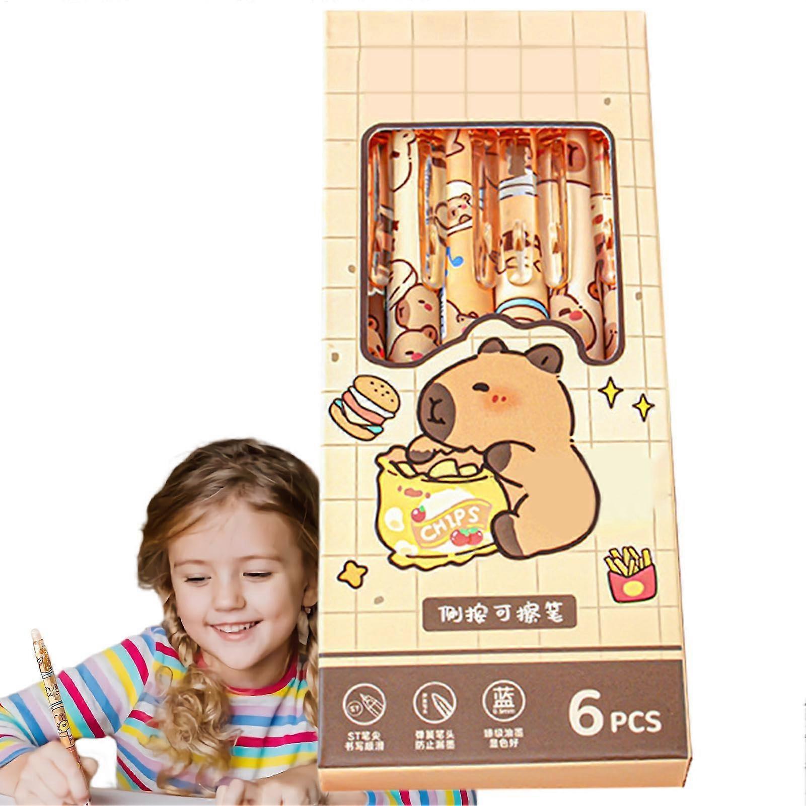 Capibara Erasable Gel Pens 6 Pack Retractable Capybara Design 0.5mm Fine Tip Cute Cartoon Pattern Journaling Pens