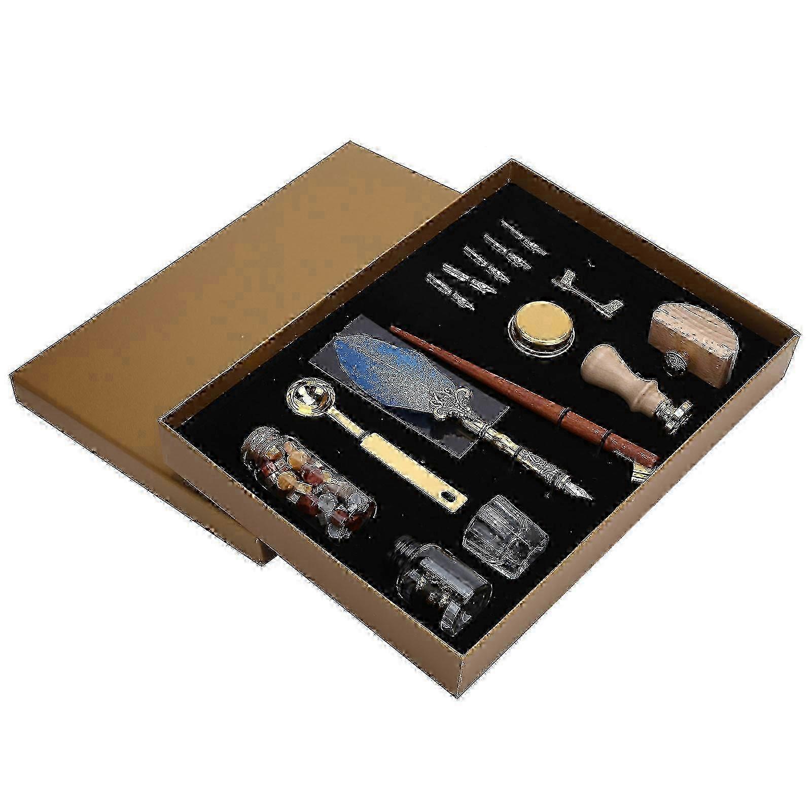Vintage Feather Pen & Wax Seal Set with Quill, Dip Ink, and Stamp - Pearl Blue Stationery Gift Box for Students & Writers