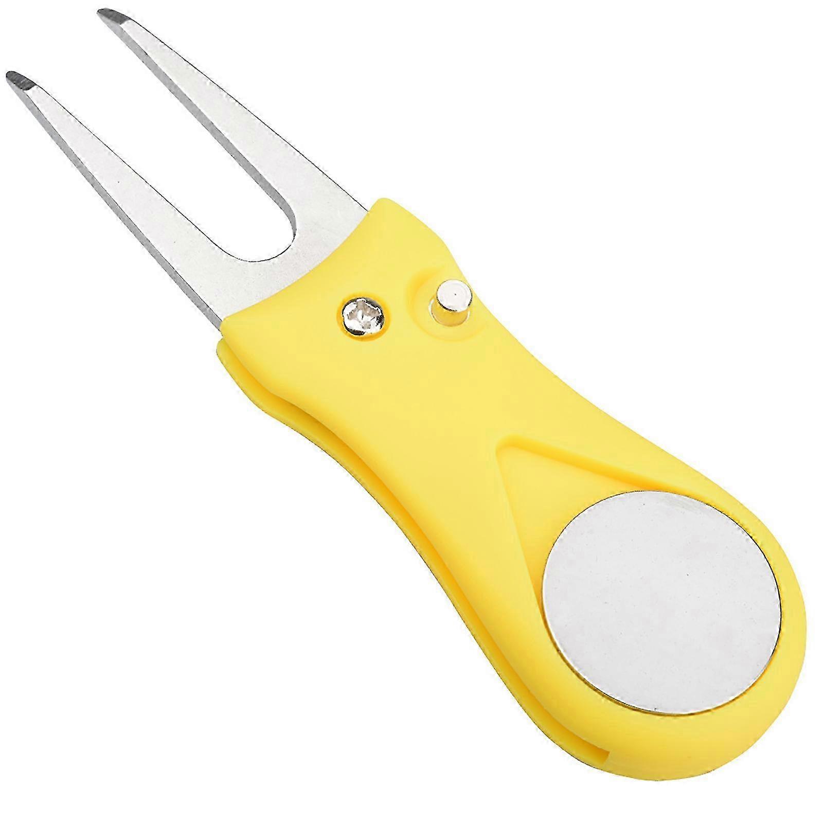 Foldable Golf Divot Tool With Button Putting Fork Replacement Pitch Grooves For Golfers Easy To Use Yellow  Yellow