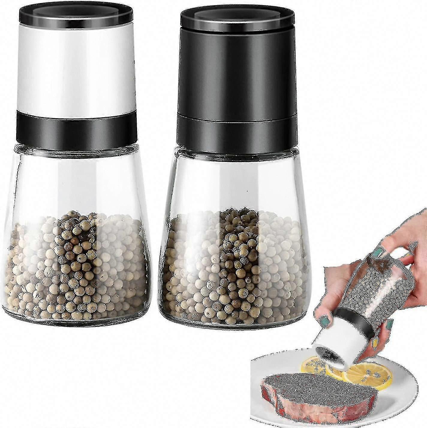 Salt and Pepper Grinder Set of 2 - Adjustable Ceramic Grinders, Manual Glass Spice Mill with Coarse to Fine Grain Control