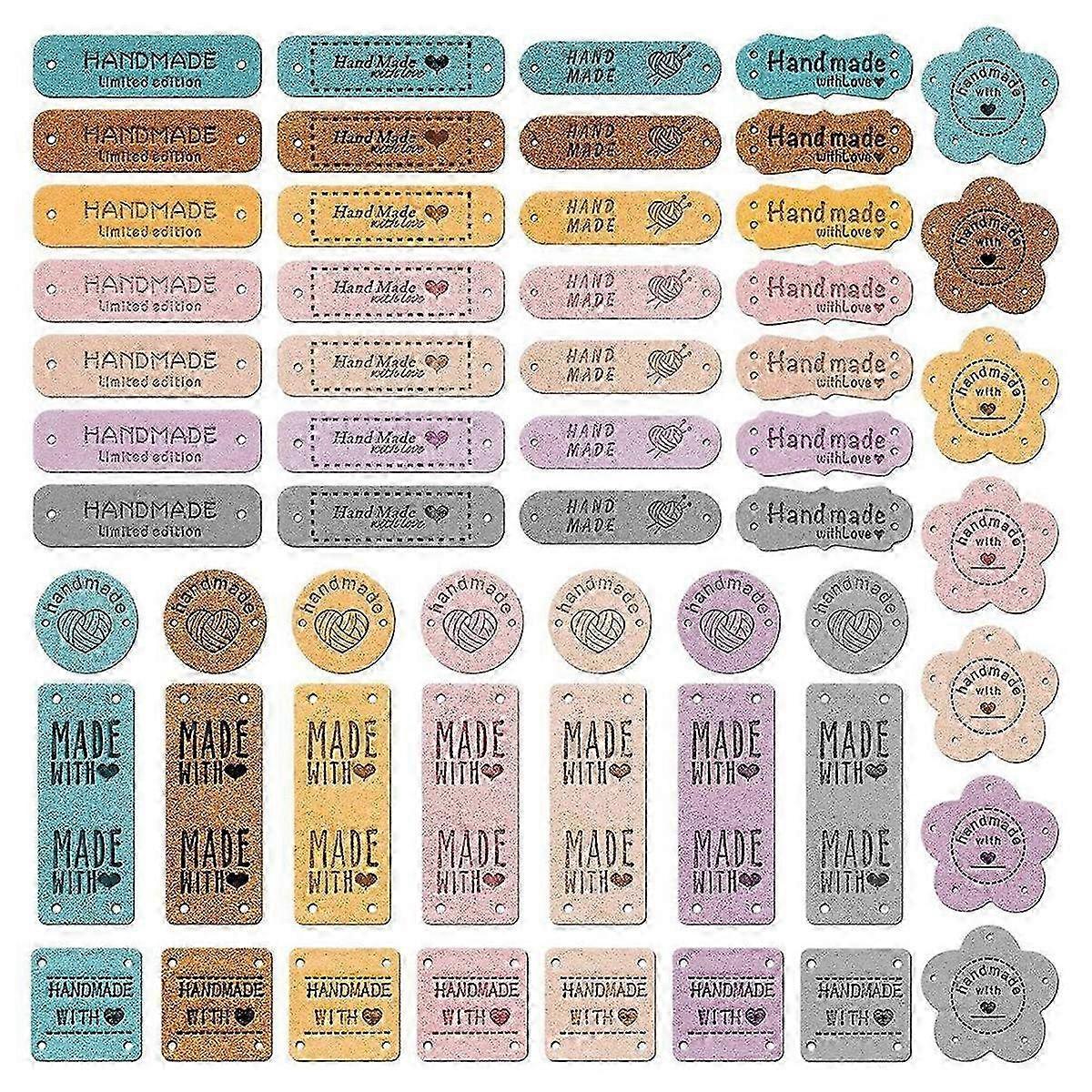 56pcs Handmade Leather Labels for Crochet & Crafting - Customizable Tag Set for DIY Projects